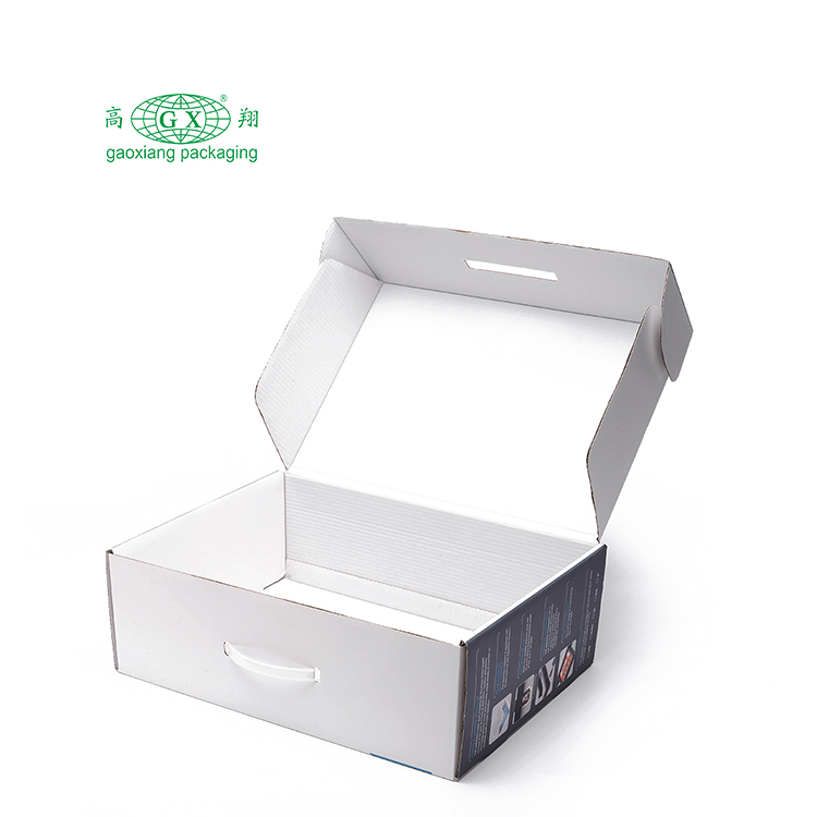 Sản phẩm điện tử tùy chỉnh bao bì giấy tái chế hộp các tông sóng màu trắng có tay cầm bằng nhựa