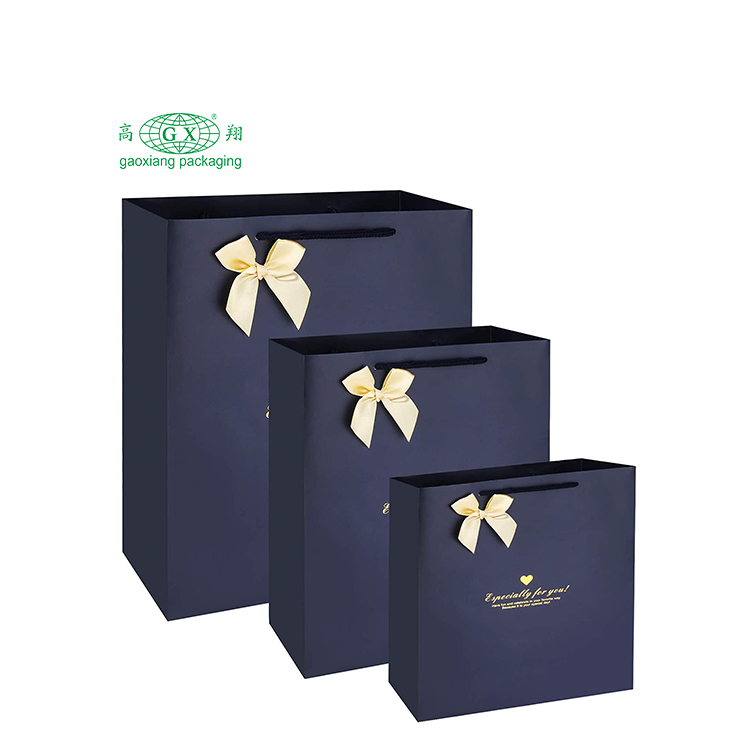 Túi giấy bìa cứng in logo màu xanh tùy chỉnh sang trọng có tay cầm thắt nơ ruy băng cho hộp mua sắm quà tặng